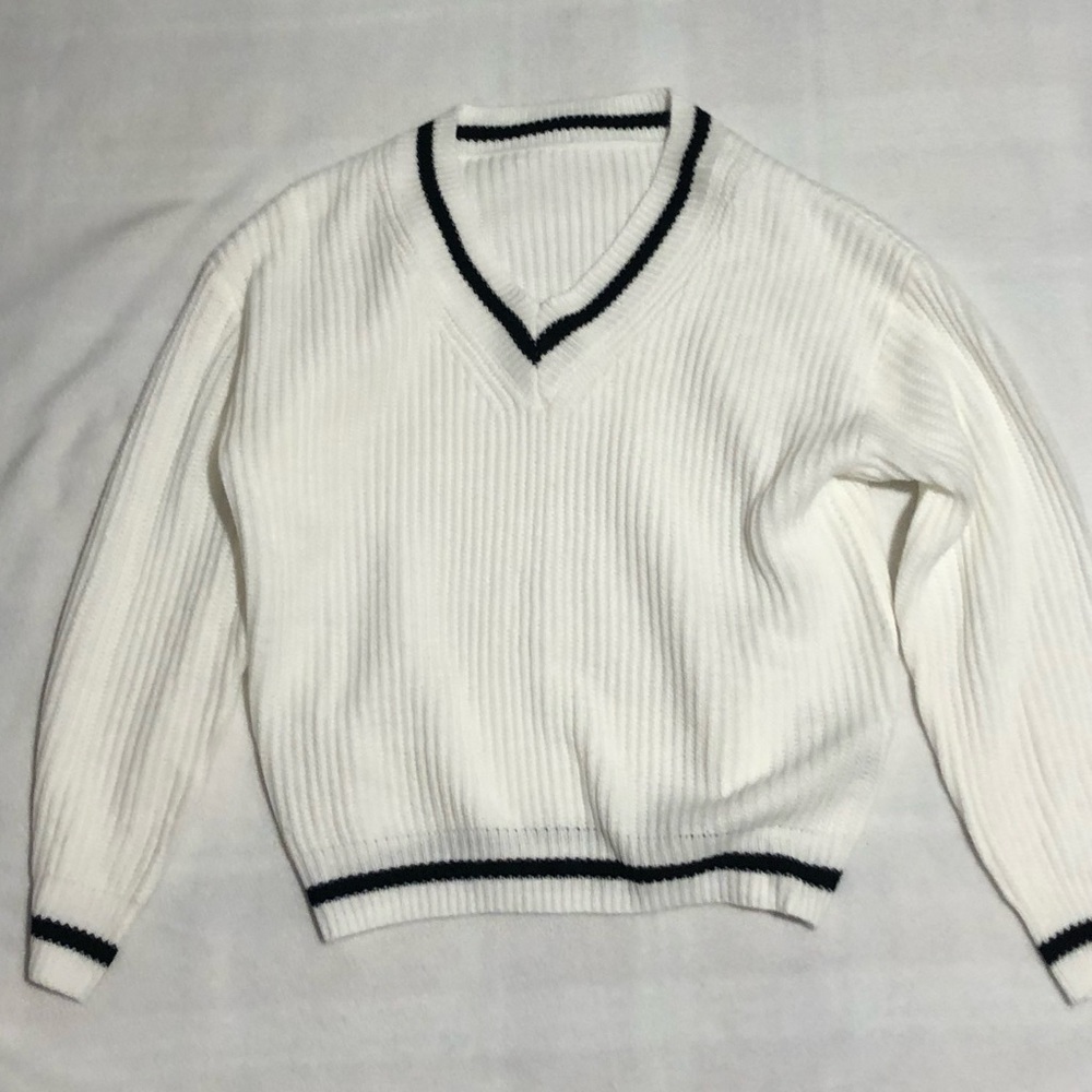 White & Black V-Neck Sweater
